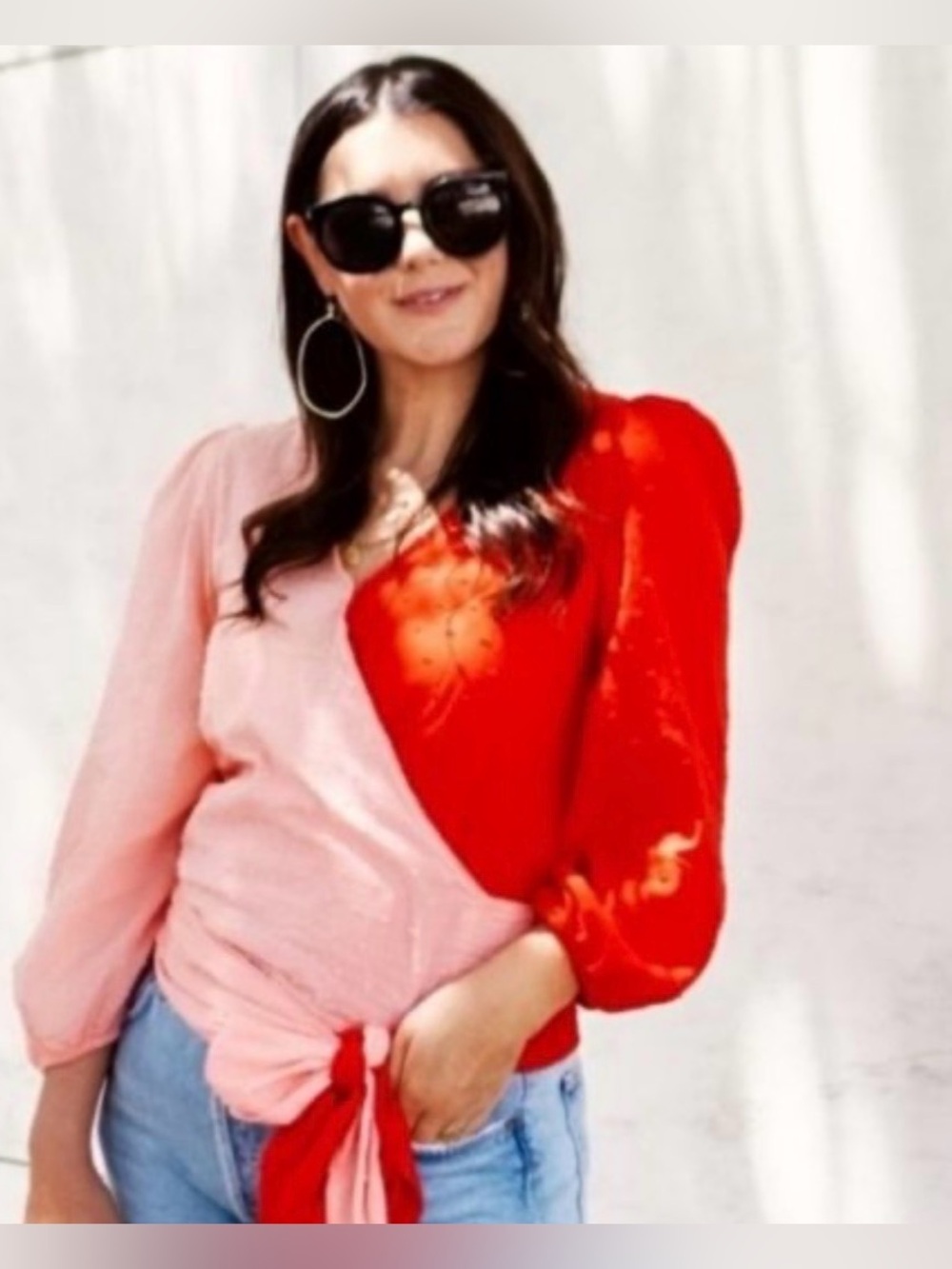 Anthropologie x FARM Rio Wrap Blouse Swiss Dot Puff Sleeve Colorblock Pink Red - Picture 3 of 15